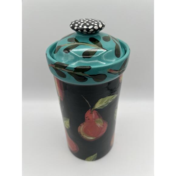 Droll Designs Hand Painted Pear Fruit Art Pottery Large 12” Lidded Canister - Picture 2 of 13